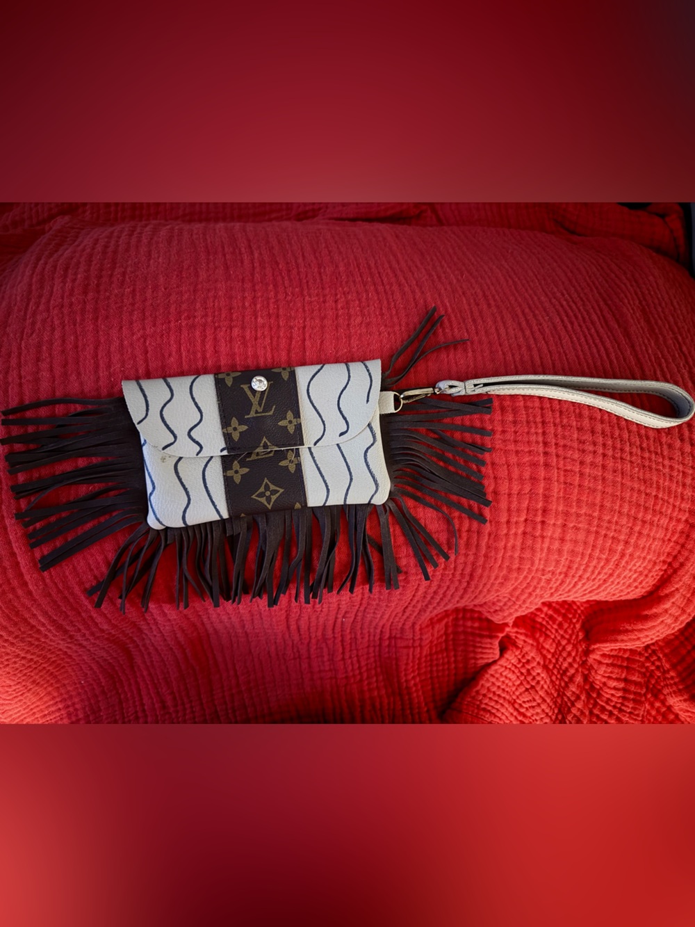 Designer-Inspired Brown and Cream Fringe Wristlet